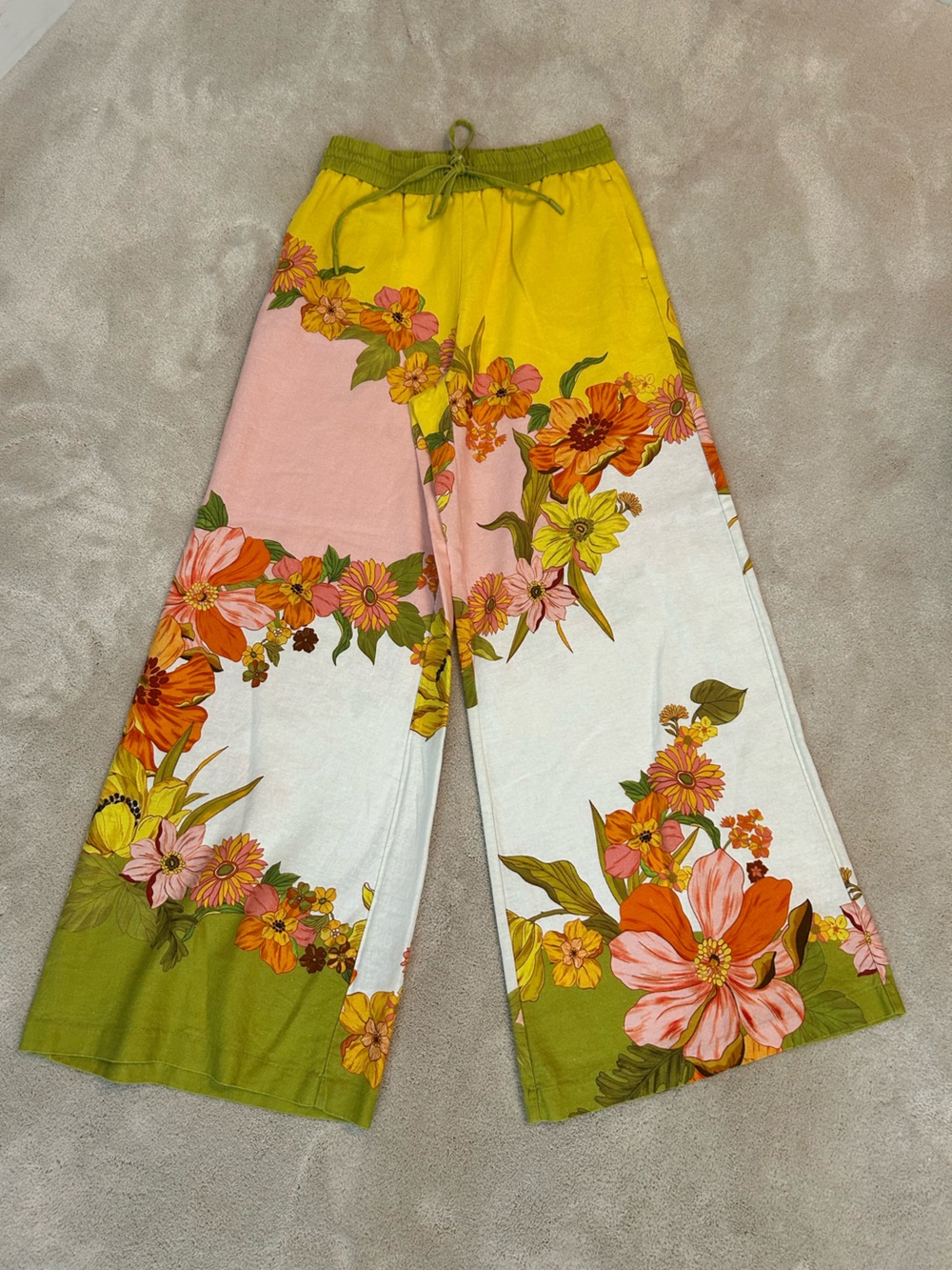 Wide Leg linen blend Floral Print Pants in Yellow, Pink & Green